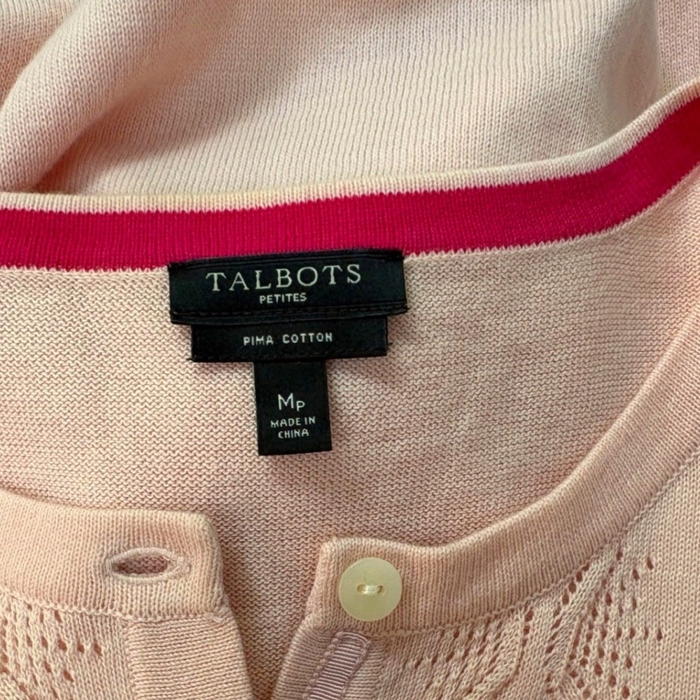 Talbots Petites Pink 100% Pima Cotton Pointelle Cardigan Sweater Womens MP - Picture 5 of 6